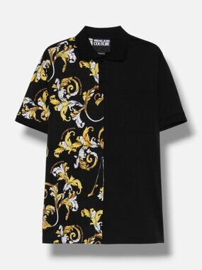 Versace Jeans Couture Men's Black Barocco-Print Polo Shirt Size S